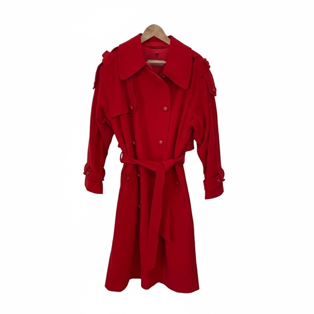 Wool Cashmere Blend Vintage Long Red Trench Coat Winter Belted Jacket Large